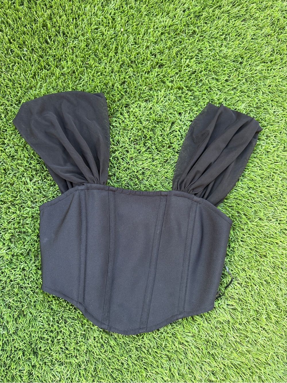 Fashion Nova Black Corset Crop Top with Sheer Puff Straps
